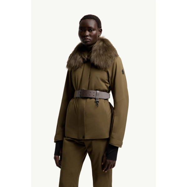Moncler Vizelles Shearling-Trimmed Ski Jacket in Olive Green, view 4 | Women's Ski Jackets | Coveti
