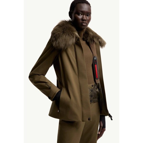Moncler Vizelles Shearling-Trimmed Ski Jacket in Olive Green, view 6 | Women's Ski Jackets | Coveti