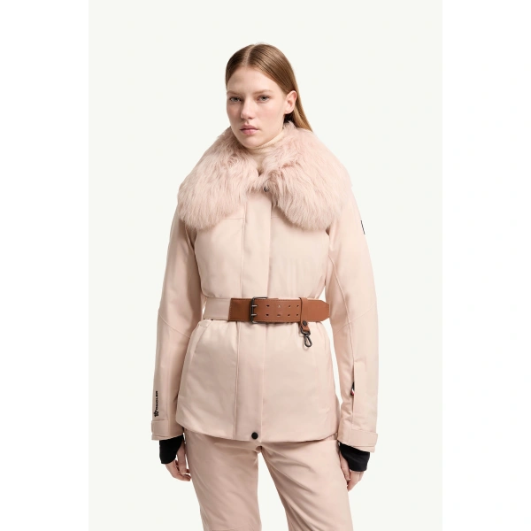 Moncler Vizelles Shearling-Trimmed Ski Jacket in Pink, view 4 | Women's Ski Jackets | Coveti
