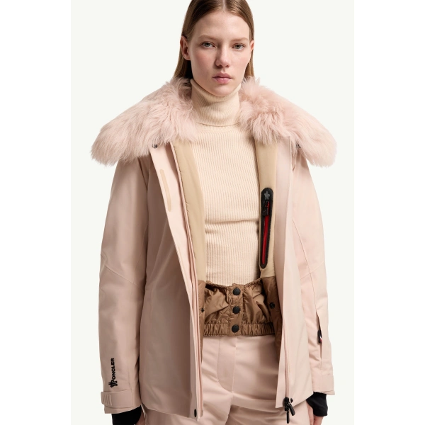 Moncler Vizelles Shearling-Trimmed Ski Jacket in Pink, view 6 | Women's Ski Jackets | Coveti