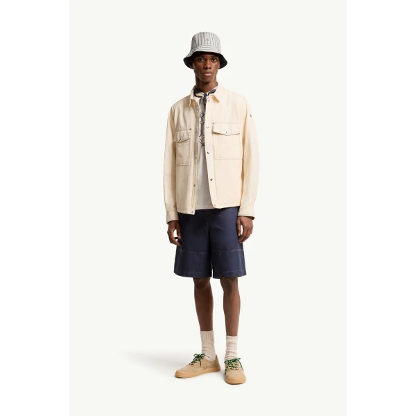 Moncler Watagua Cotton & Linen Blend Shirt Jacket in White Ivory, view 2 | Men's Jackets | Coveti