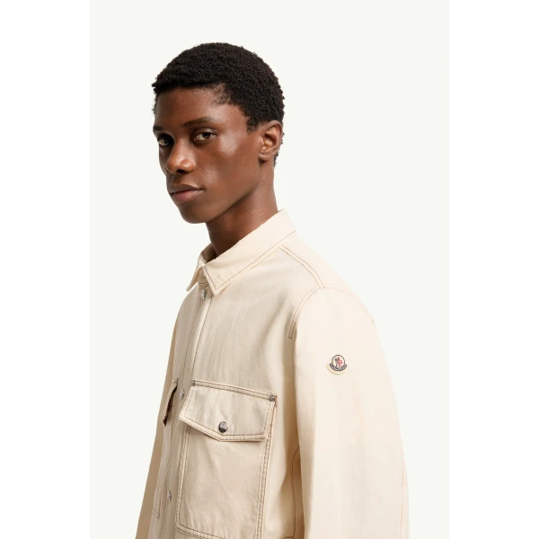 Moncler Watagua Cotton & Linen Blend Shirt Jacket in White Ivory, view 3 | Men's Jackets | Coveti