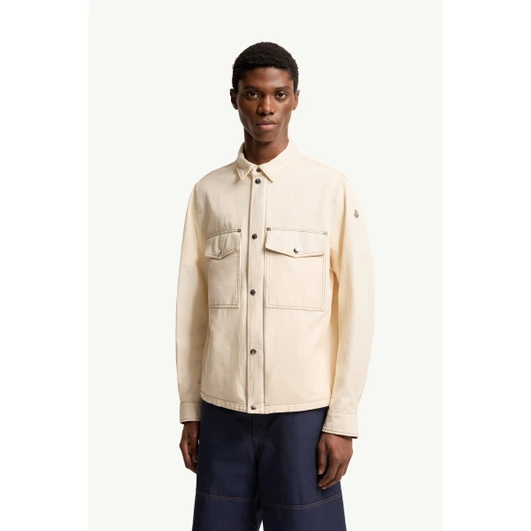 Moncler Watagua Cotton & Linen Blend Shirt Jacket in White Ivory, view 4 | Men's Jackets | Coveti