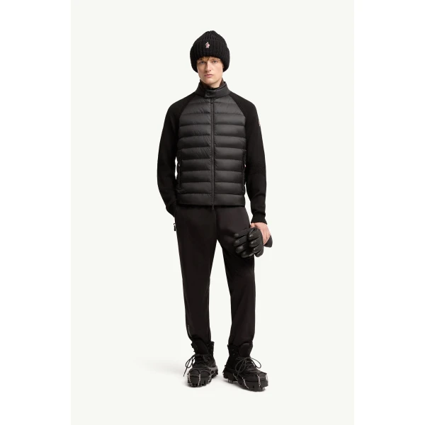Moncler Wool Blend Padded Zip-Up Cardigan in Black, view 2 | Men's Knitwear | Coveti