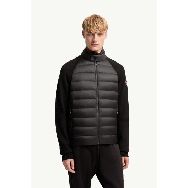 Moncler Wool Blend Padded Zip-Up Cardigan in Black, view 4 | Men's Knitwear | Coveti