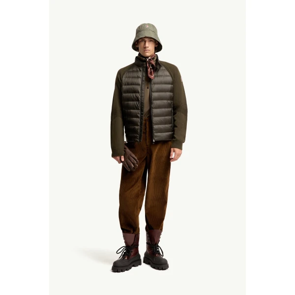 Moncler Wool Blend Padded Zip-Up Cardigan in Dark Green, view 2 | Men's Knitwear | Coveti
