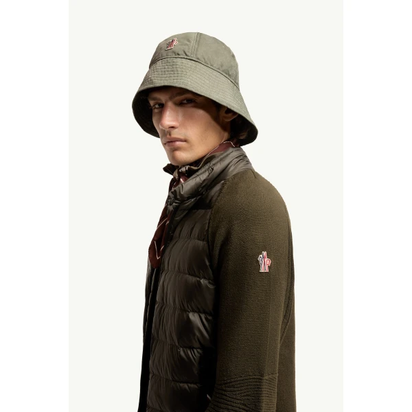 Moncler Wool Blend Padded Zip-Up Cardigan in Dark Green, view 3 | Men's Knitwear | Coveti