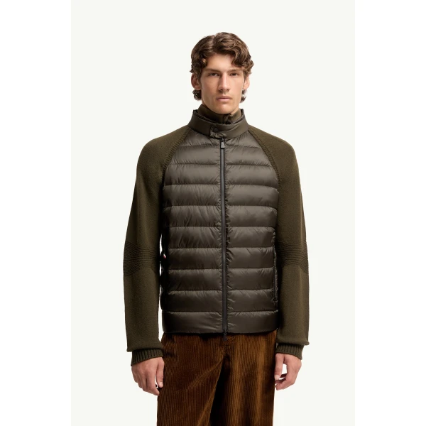 Moncler Wool Blend Padded Zip-Up Cardigan in Dark Green, view 4 | Men's Knitwear | Coveti