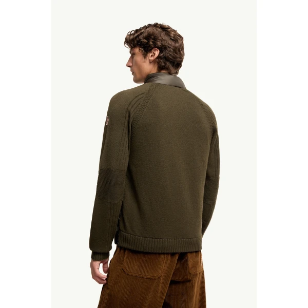 Moncler Wool Blend Padded Zip-Up Cardigan in Dark Green, view 5 | Men's Knitwear | Coveti