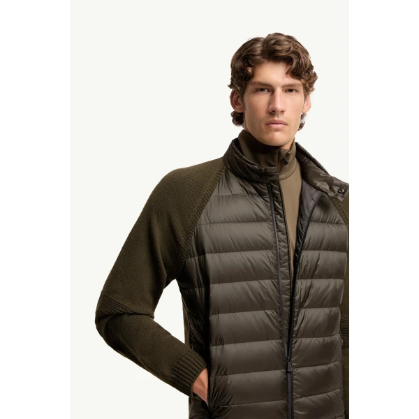 Moncler Wool Blend Padded Zip-Up Cardigan in Dark Green, view 6 | Men's Knitwear | Coveti