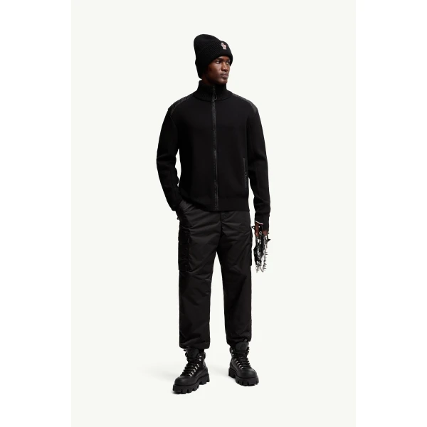 Moncler Wool Blend Padded Zip-Up Knit Cardigan in Black, view 2 | Men's Knitwear | Coveti