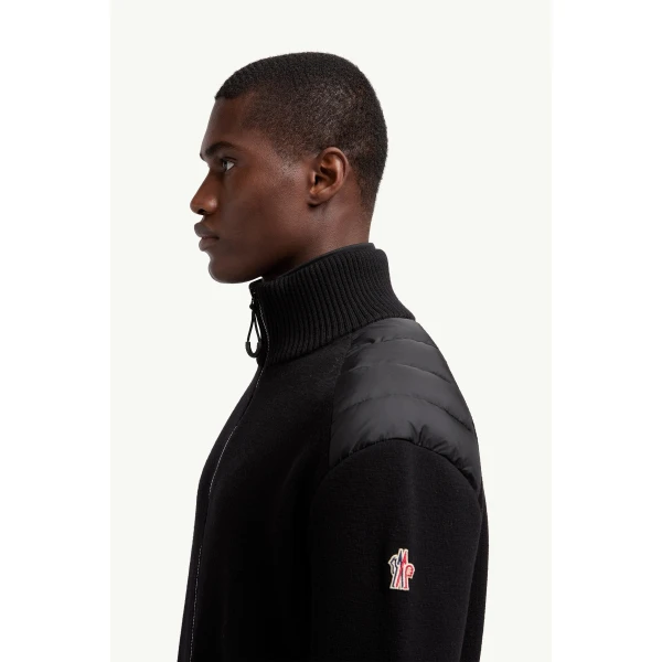 Moncler Wool Blend Padded Zip-Up Knit Cardigan in Black, view 3 | Men's Knitwear | Coveti