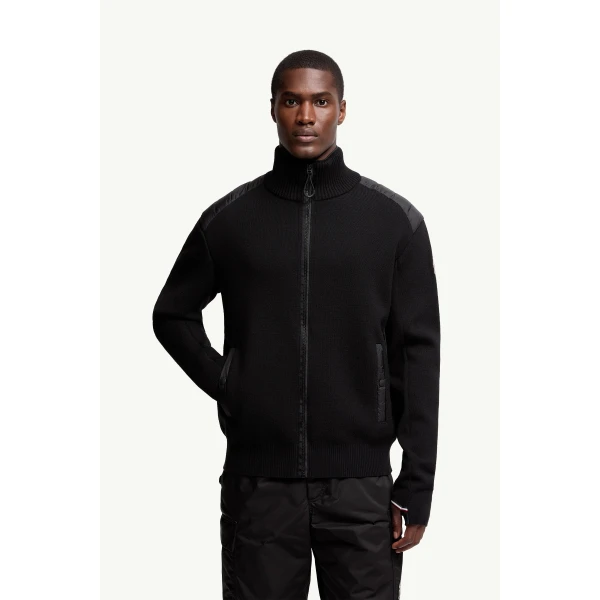 Moncler Wool Blend Padded Zip-Up Knit Cardigan in Black, view 4 | Men's Knitwear | Coveti