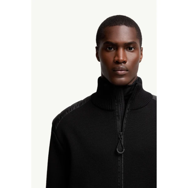 Moncler Wool Blend Padded Zip-Up Knit Cardigan in Black, view 6 | Men's Knitwear | Coveti