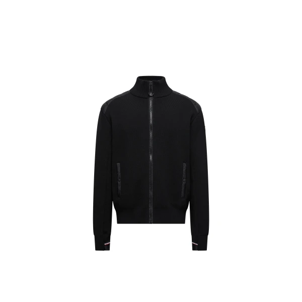 Moncler Wool Blend Padded Zip-Up Knit Cardigan in Black | Men's Knitwear | Coveti