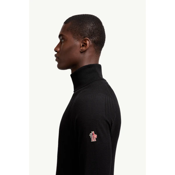 Moncler Wool Blend Polo Neck Jumper in Black, view 3 | Men's Skiwear | Coveti