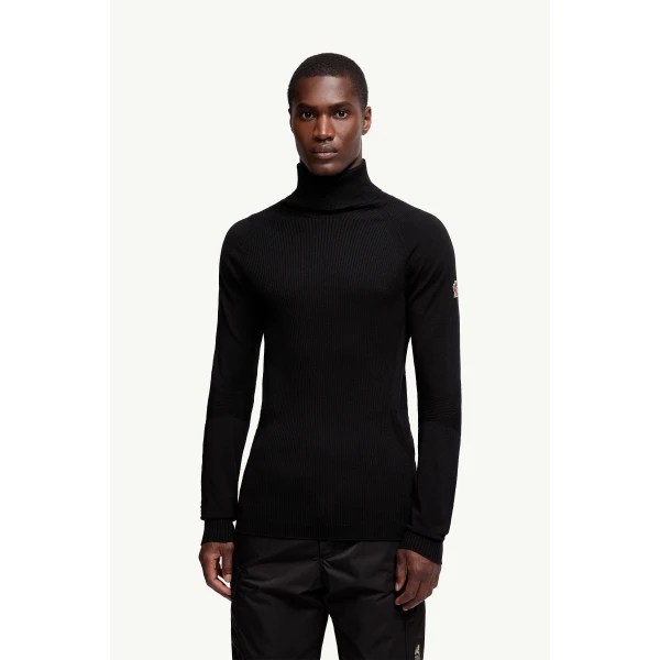 Moncler Wool Blend Polo Neck Jumper in Black, view 4 | Men's Skiwear | Coveti