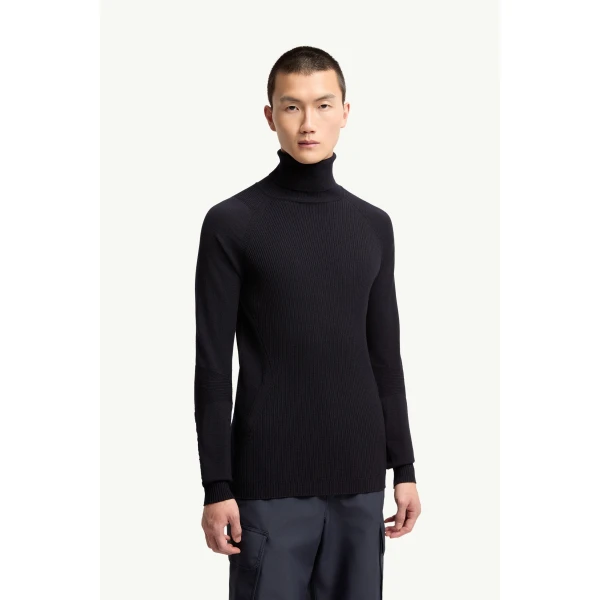 Moncler Wool Blend Polo Neck Jumper in Dark Blue, view 4 | Men's Skiwear | Coveti