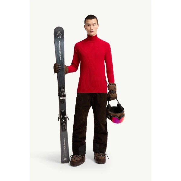 Moncler Wool Blend Polo Neck Jumper in Red, view 2 | Men's Skiwear | Coveti