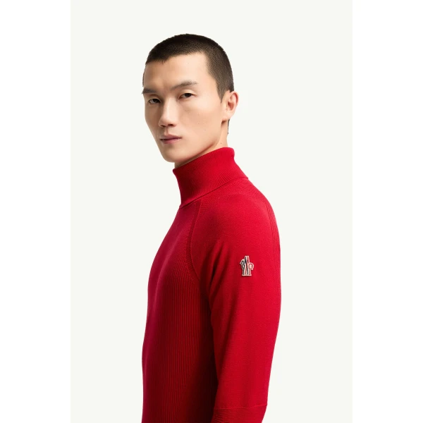 Moncler Wool Blend Polo Neck Jumper in Red, view 3 | Men's Skiwear | Coveti