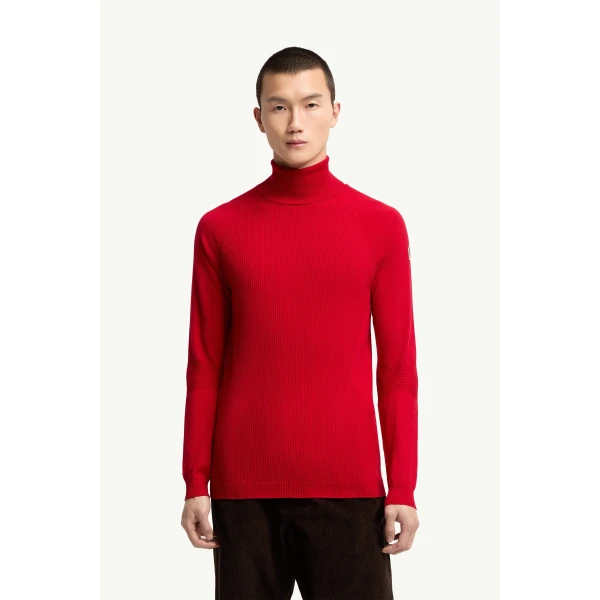 Moncler Wool Blend Polo Neck Jumper in Red, view 4 | Men's Skiwear | Coveti
