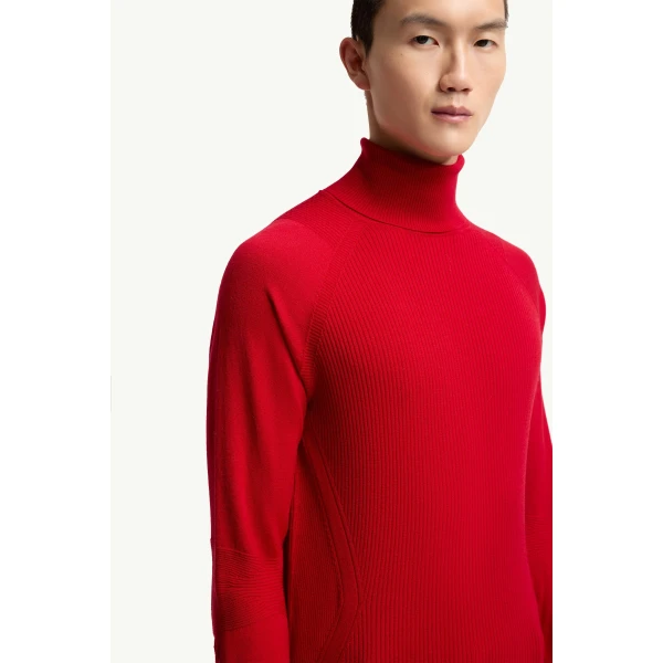 Moncler Wool Blend Polo Neck Jumper in Red, view 6 | Men's Skiwear | Coveti