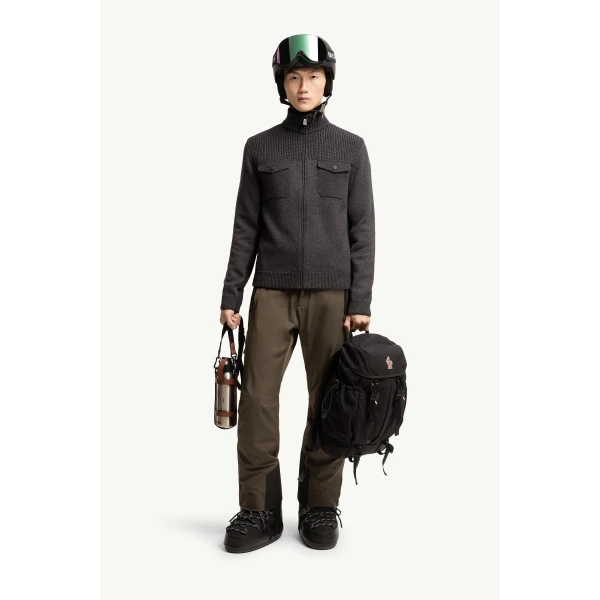 Moncler Wool Blend Polo Neck Zip-Up Cardigan in Dark Gray, view 2 | Men's Knitwear | Coveti