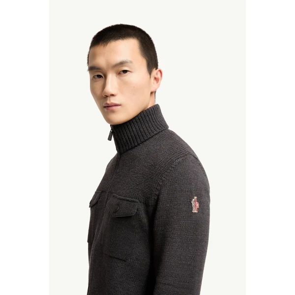 Moncler Wool Blend Polo Neck Zip-Up Cardigan in Dark Gray, view 3 | Men's Knitwear | Coveti