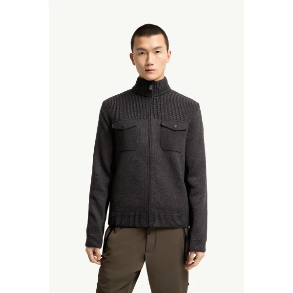 Moncler Wool Blend Polo Neck Zip-Up Cardigan in Dark Gray, view 4 | Men's Knitwear | Coveti