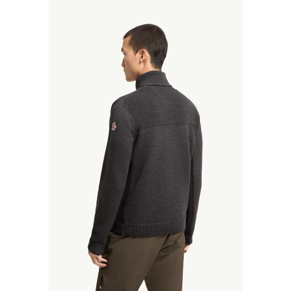 Moncler Wool Blend Polo Neck Zip-Up Cardigan in Dark Gray, view 5 | Men's Knitwear | Coveti