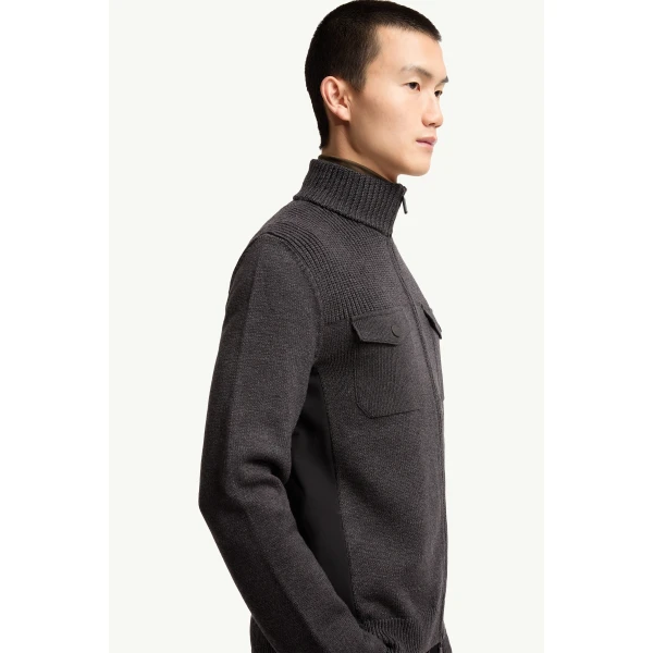 Moncler Wool Blend Polo Neck Zip-Up Cardigan in Dark Gray, view 6 | Men's Knitwear | Coveti