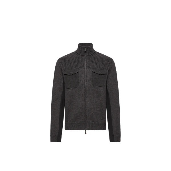 Wool Blend Polo Neck Zip-Up Cardigan in Dark Gray