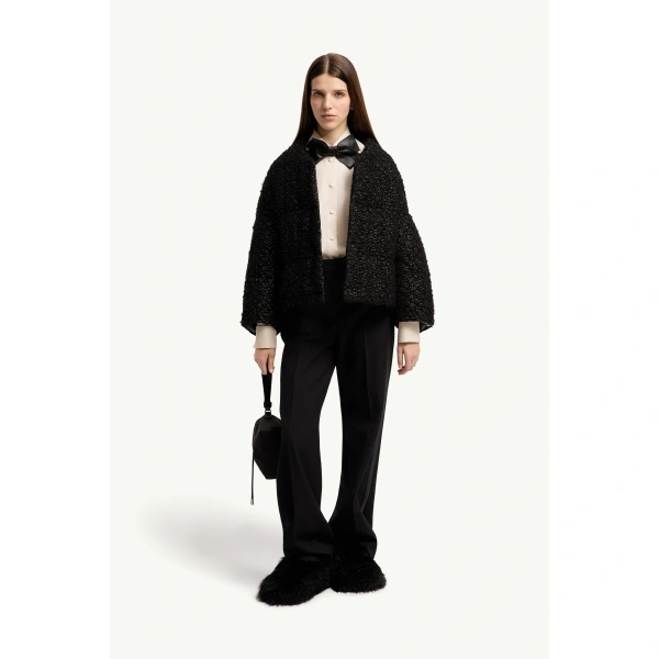 Moncler Wool Blend Tweed Cape in Black, view 2 | Women's Cape Coats | Coveti