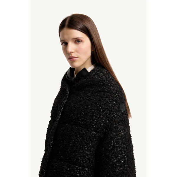 Moncler Wool Blend Tweed Cape in Black, view 3 | Women's Cape Coats | Coveti