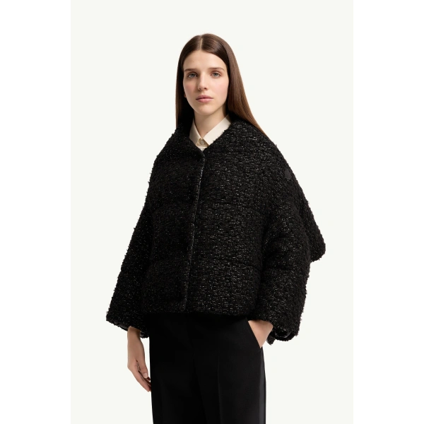Moncler Wool Blend Tweed Cape in Black, view 4 | Women's Cape Coats | Coveti