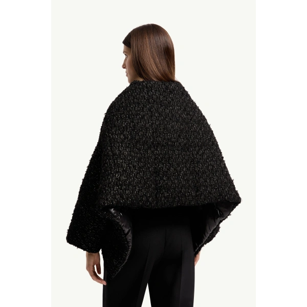 Moncler Wool Blend Tweed Cape in Black, view 5 | Women's Cape Coats | Coveti