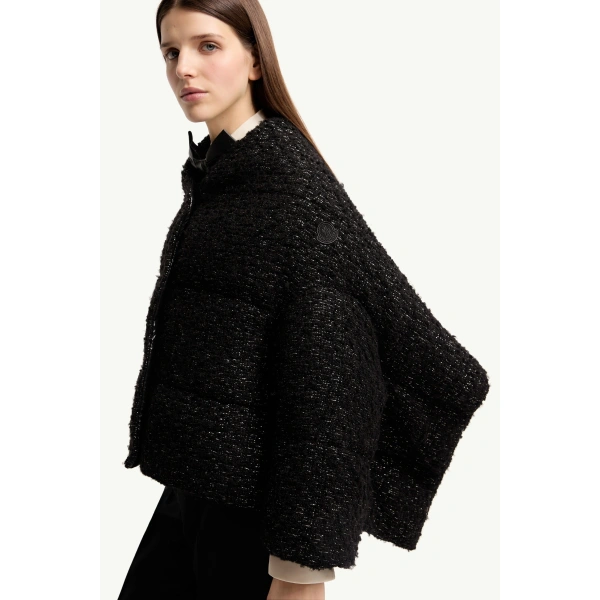 Moncler Wool Blend Tweed Cape in Black, view 6 | Women's Cape Coats | Coveti