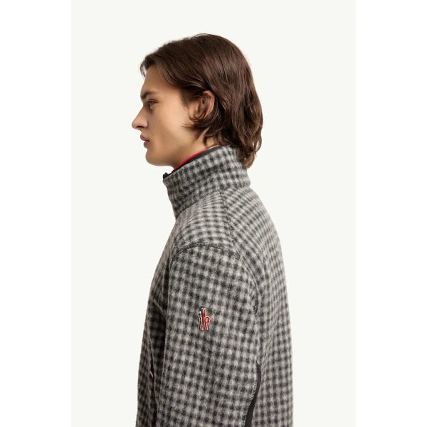 Moncler Wool Blend Vichy Zip-Up Sweatshirt in Black & White, view 3 | Men's Sweatshirts | Coveti