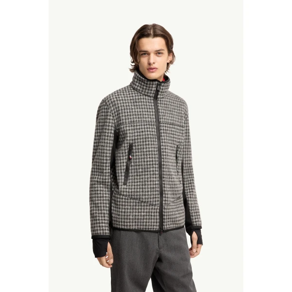 Moncler Wool Blend Vichy Zip-Up Sweatshirt in Black & White, view 4 | Men's Sweatshirts | Coveti