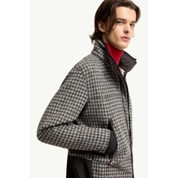 Moncler Wool Blend Vichy Zip-Up Sweatshirt in Black & White, view 6 | Men's Sweatshirts | Coveti
