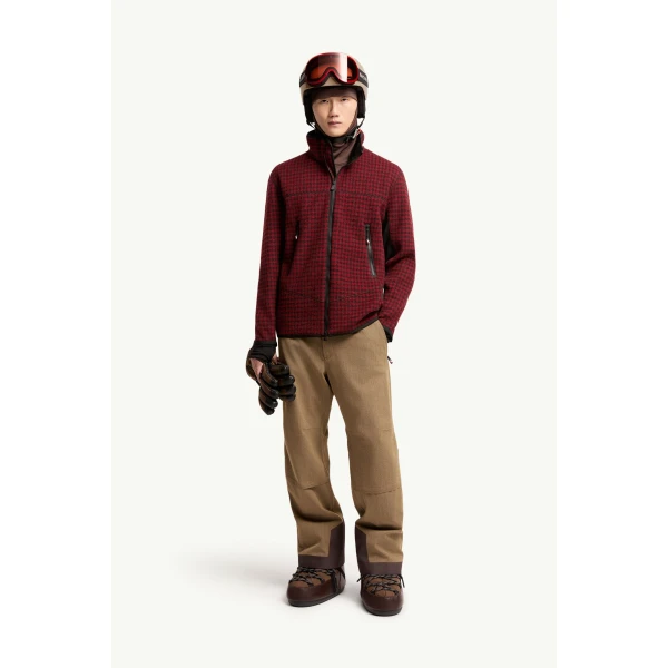 Moncler Wool Blend Vichy Zip-Up Sweatshirt in Red & Black, view 2 | Men's Sweatshirts | Coveti