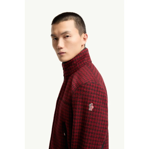 Moncler Wool Blend Vichy Zip-Up Sweatshirt in Red & Black, view 3 | Men's Sweatshirts | Coveti
