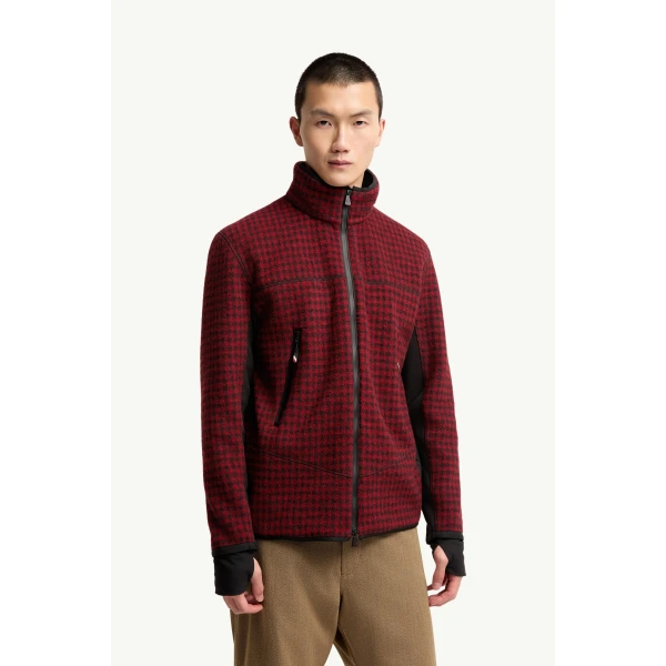 Moncler Wool Blend Vichy Zip-Up Sweatshirt in Red & Black, view 4 | Men's Sweatshirts | Coveti