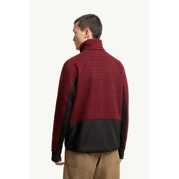 Moncler Wool Blend Vichy Zip-Up Sweatshirt in Red & Black, view 5 | Men's Sweatshirts | Coveti