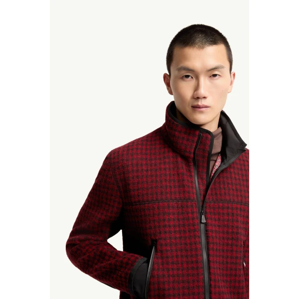 Moncler Wool Blend Vichy Zip-Up Sweatshirt in Red & Black, view 6 | Men's Sweatshirts | Coveti
