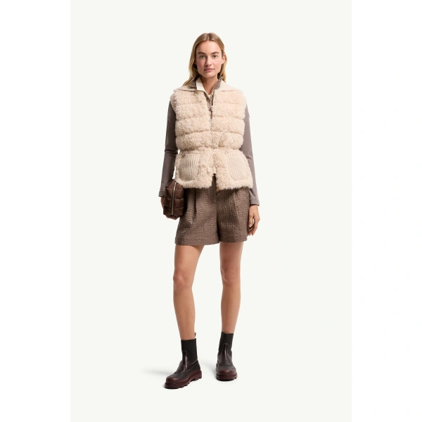Moncler Wool & Cashmere Blend Down Gilet in Light Beige, view 2 | Women's Vests and Gilets | Coveti