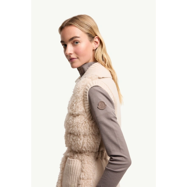 Moncler Wool & Cashmere Blend Down Gilet in Light Beige, view 3 | Women's Vests and Gilets | Coveti