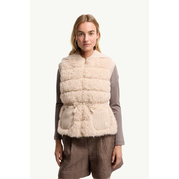 Moncler Wool & Cashmere Blend Down Gilet in Light Beige, view 4 | Women's Vests and Gilets | Coveti