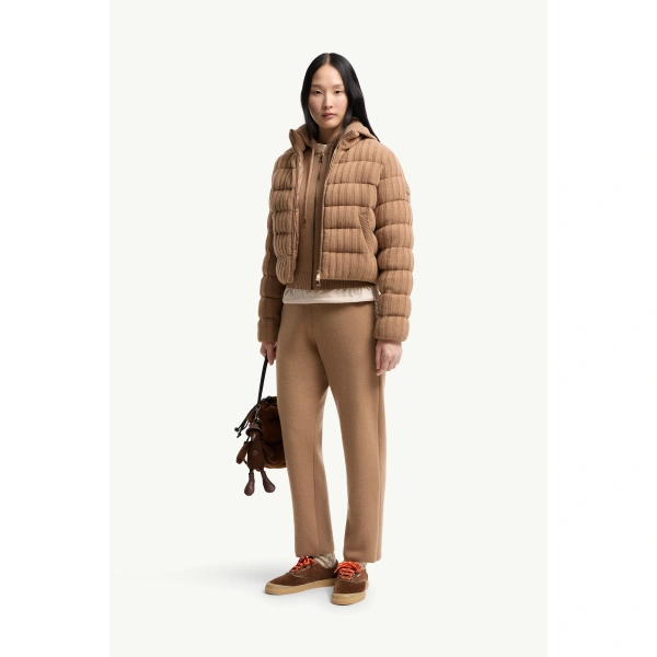Moncler Wool & Cashmere Blend Padded Cardigan in Camel Beige, view 2 | Women's Cardigans | Coveti