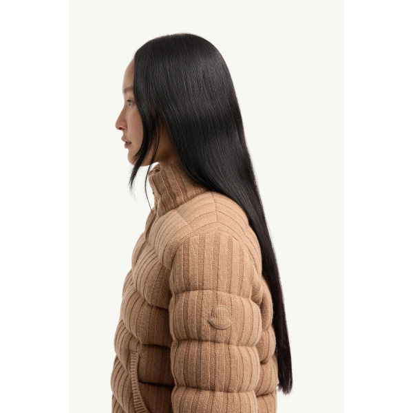 Moncler Wool & Cashmere Blend Padded Cardigan in Camel Beige, view 3 | Women's Cardigans | Coveti
